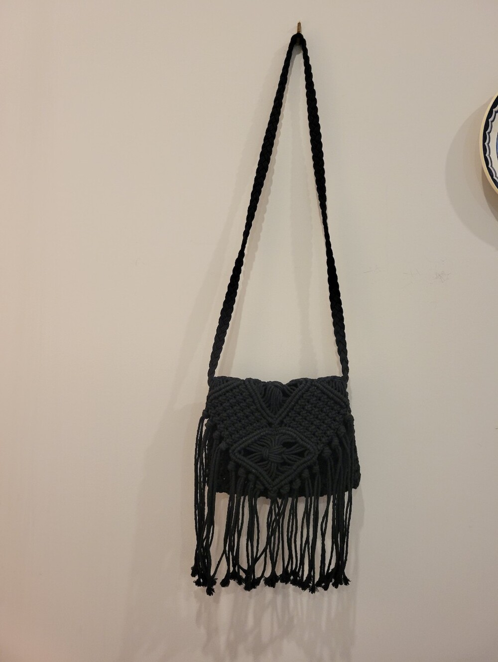 Mossimo Crochet Black Purse Fringed Long Strap